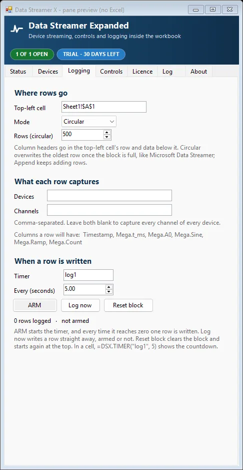 The Logging tab. Rows land at Sheet1!$A$1 in a 500-row circular block and capture every channel of every device - here Timestamp, Mega.t_ms, Mega.A0, Mega.Sine, Mega.Ramp and Mega.Count. One row is written each time the five-second timer reaches zero, and =DSX.TIMER("log1", 5) puts that countdown in a cell, so a test starts logging on a timer rather than on a click.