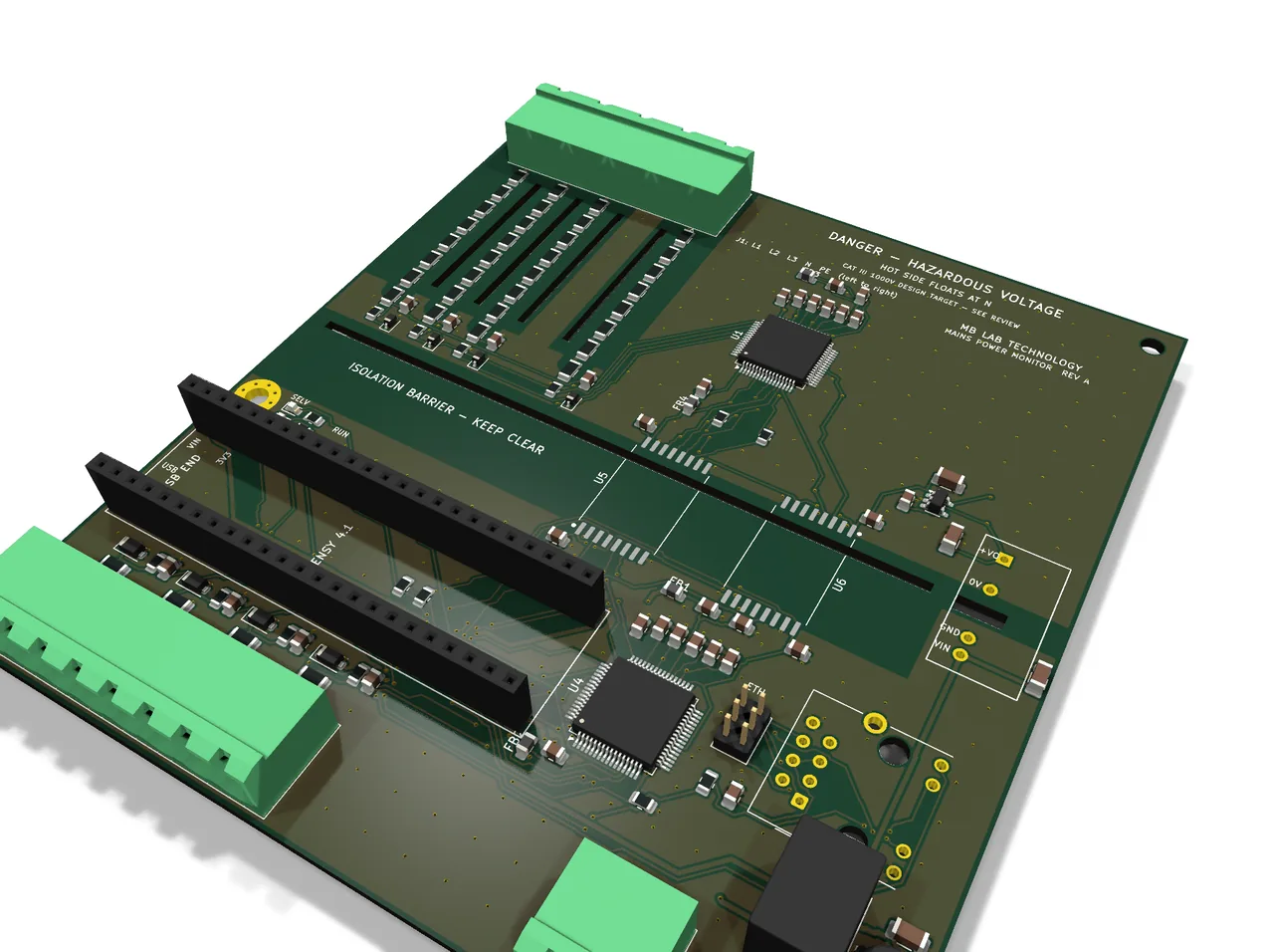 Rev A. The hot front end is the section that floats at neutral, with the mains terminal along the top edge; the isolation barrier runs across the middle, and the SELV side carries the second converter, the current-transformer inputs and the Teensy. Machine routed, and the bench bring-up is still ahead of it.