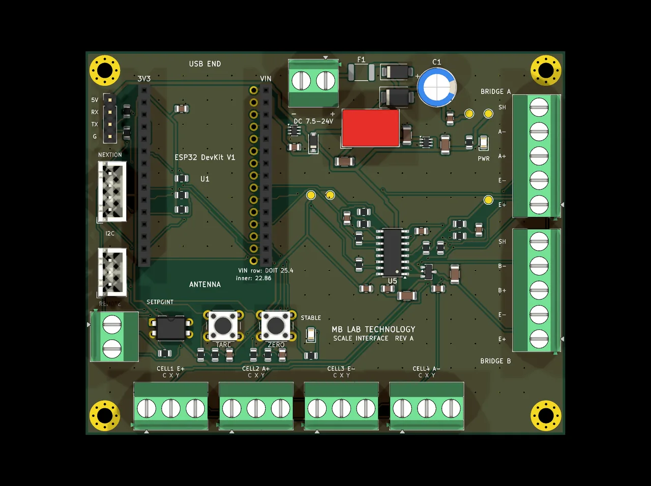 From above. The devkit's sockets run up the middle with the antenna keep-out marked beside them, the Nextion and I2C headers are on the left, and the supply comes in top right through a fuse. The board is laid out so that every screw terminal faces out of the enclosure.