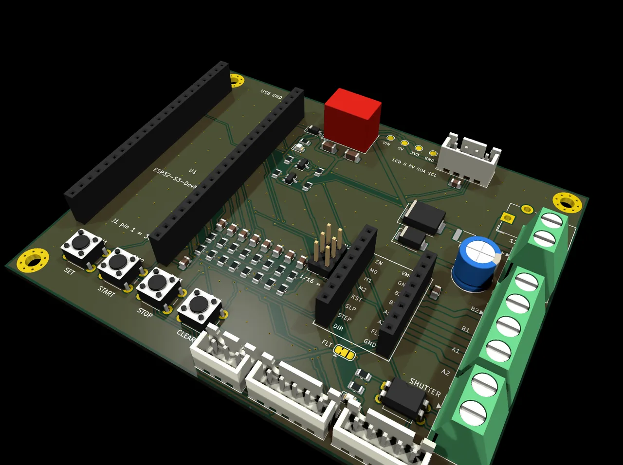 Rev A. The dev kit sockets along the top edge, the stepper driver module plugs into the centre, and the shutter optocoupler sits bottom right beside its terminal. The four panel buttons run along the left edge, and VIN / 5V / 3V3 / GND test points sit by the power input - the same test points the coverage analysis checks a probe can reach.