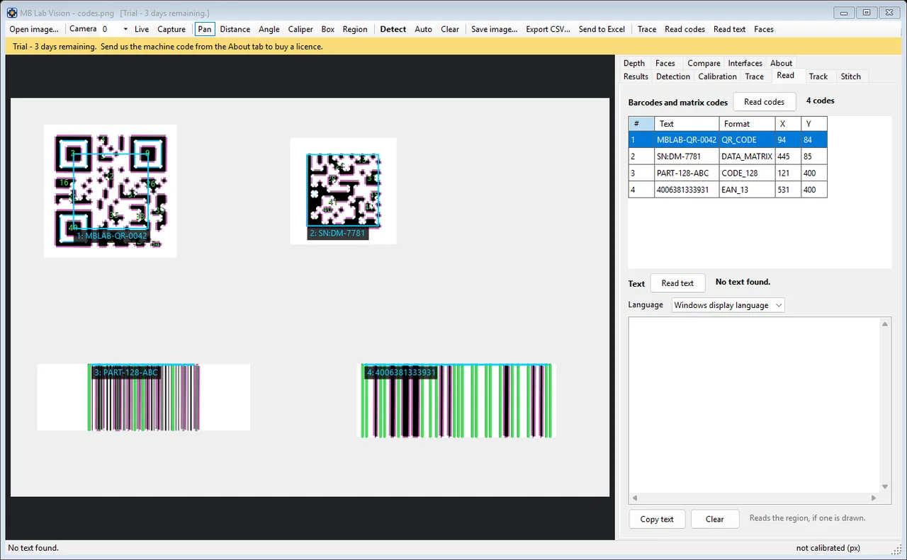 Four code formats read off one picture in a single pass - a QR code, a Data Matrix, a Code 128 barcode and an EAN-13 - each located, decoded and listed with its position, so a part's serial number and its label can be checked against each other.