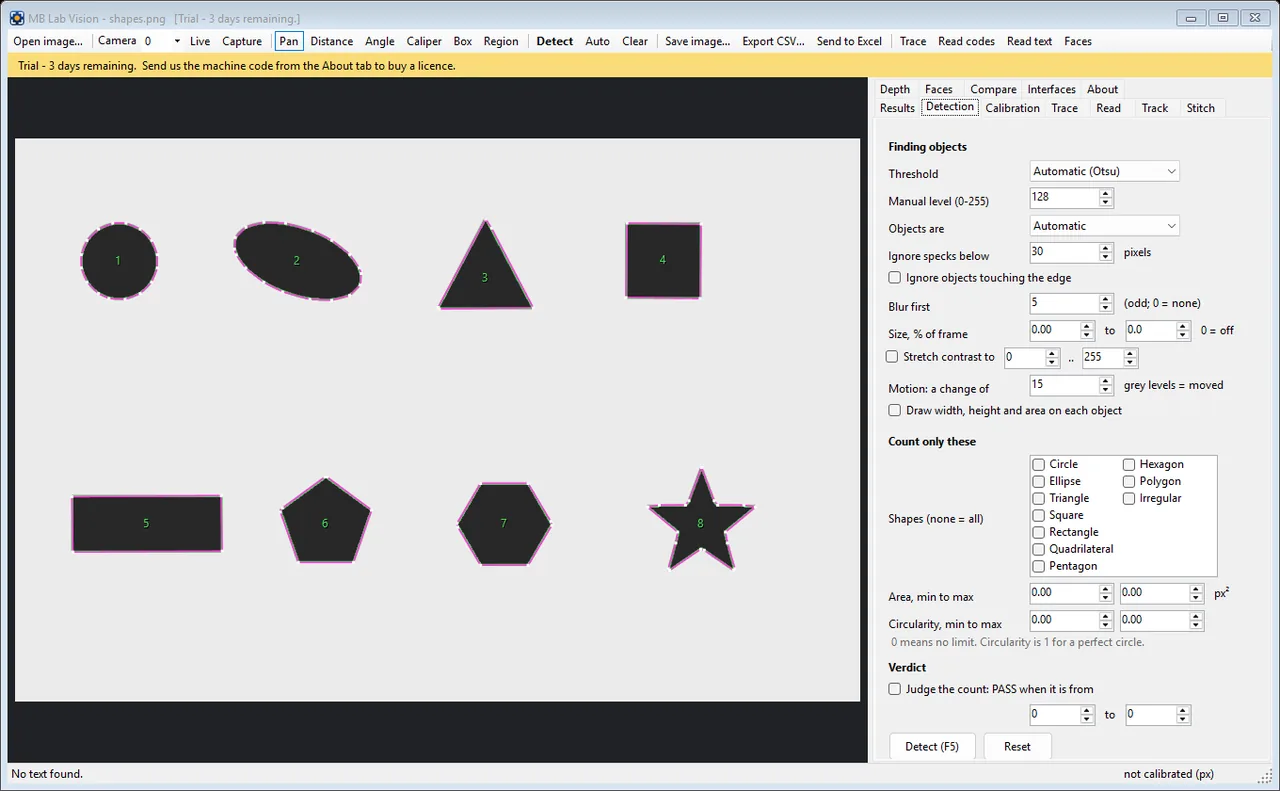 Eight shapes found, outlined and numbered, with the classifier's filters on the right: count only circles, or only hexagons, or only what falls between an area and a circularity. Circularity is 1 for a perfect circle, which is how a washer is told from a nut without measuring either.